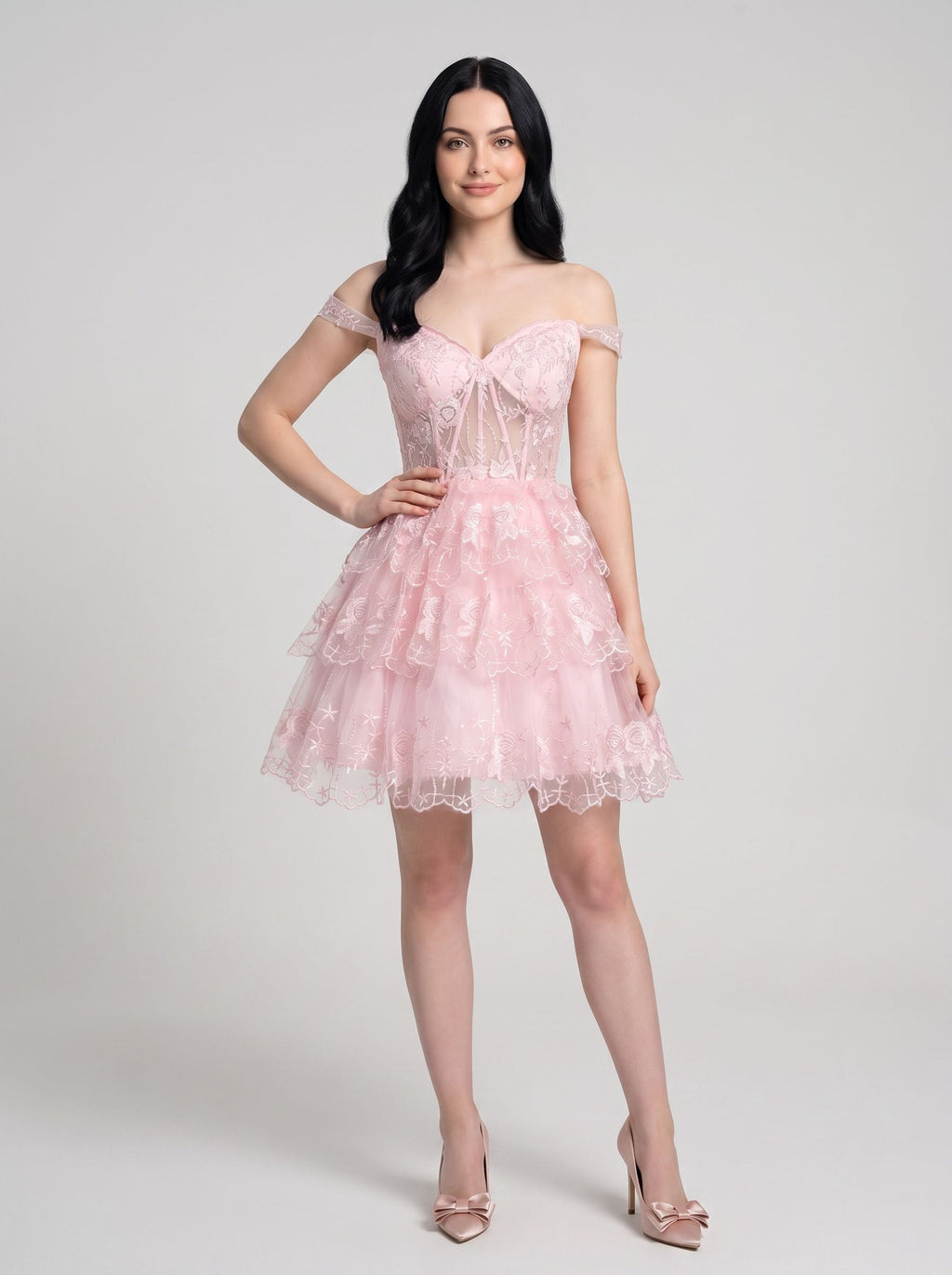 Pink Lace Satin A-Line Off-the-Shoulder Corset Back Short Dress with Floral Lace Appliqué - Curvevia