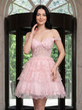 Pink Lace Satin A-Line Off-the-Shoulder Corset Back Short Dress with Floral Lace Appliqué - Curvevia