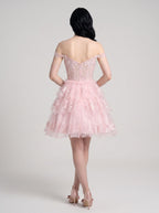 Pink Lace Satin A-Line Off-the-Shoulder Corset Back Short Dress with Floral Lace Appliqué - Curvevia