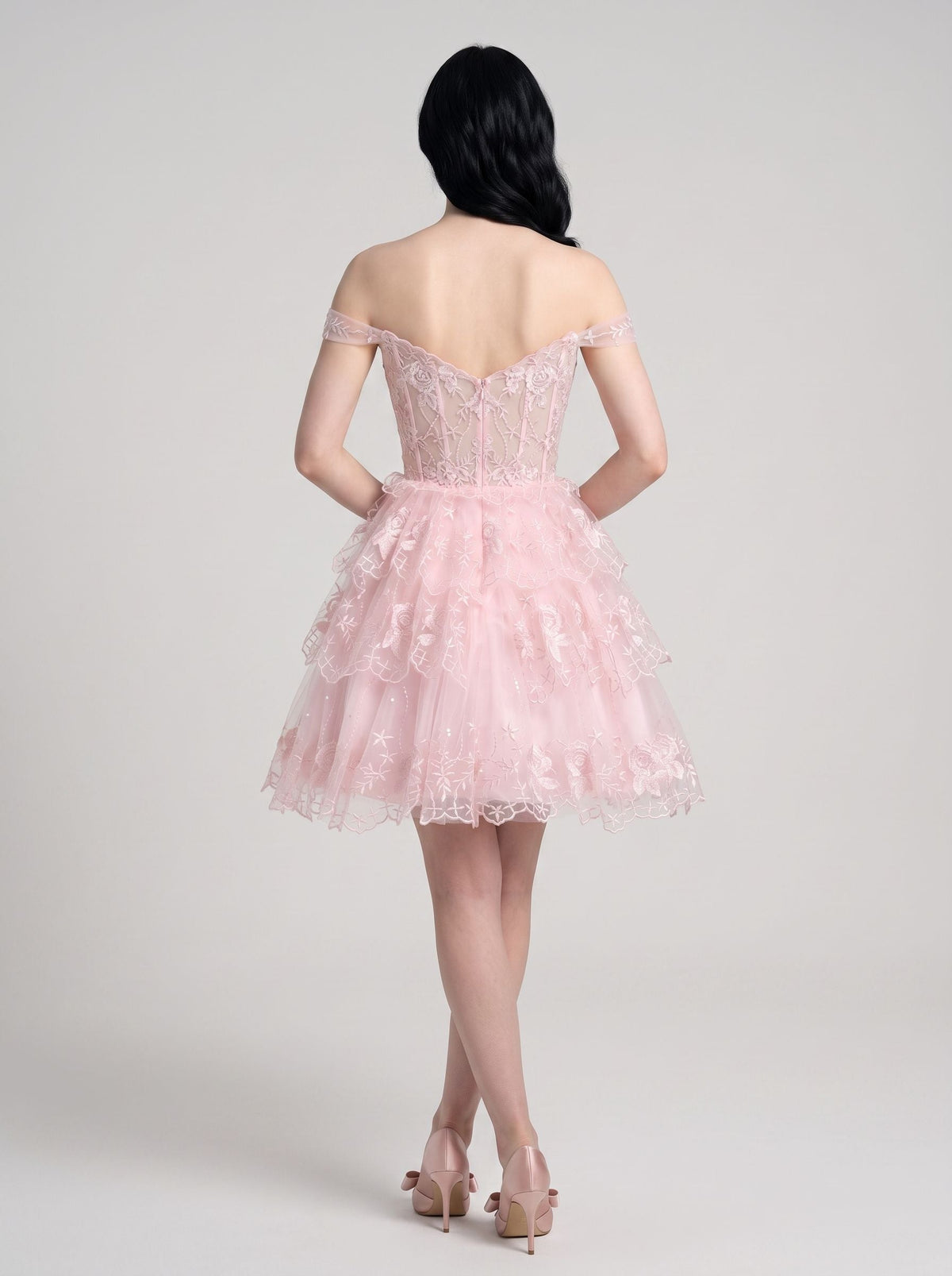 Pink Lace Satin A-Line Off-the-Shoulder Corset Back Short Dress with Floral Lace Appliqué - Curvevia
