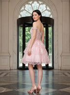 Pink Lace Satin A-Line Off-the-Shoulder Corset Back Short Dress with Floral Lace Appliqué - Curvevia