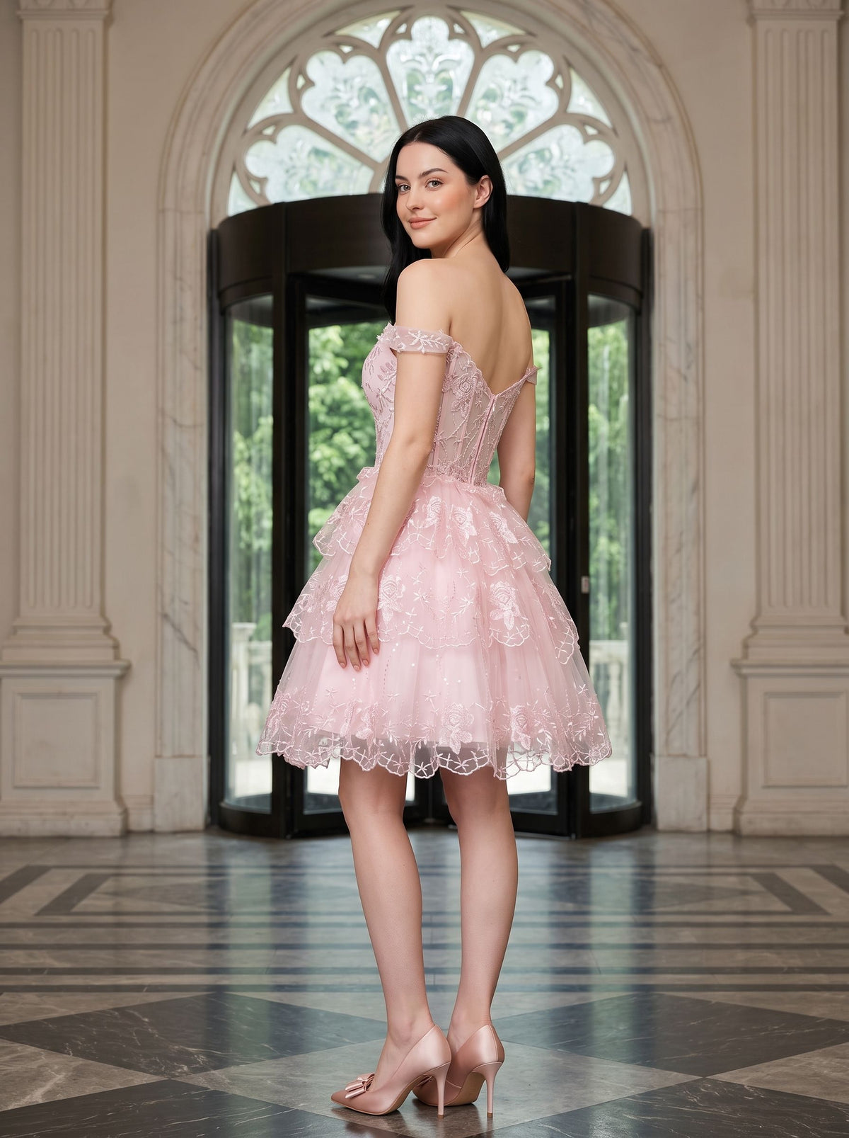 Pink Lace Satin A-Line Off-the-Shoulder Corset Back Short Dress with Floral Lace Appliqué - Curvevia