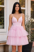 A-Line Deep V Neck Tiered Short Homecoming Dress - Curvevia