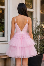A-Line Deep V Neck Tiered Short Homecoming Dress - Curvevia