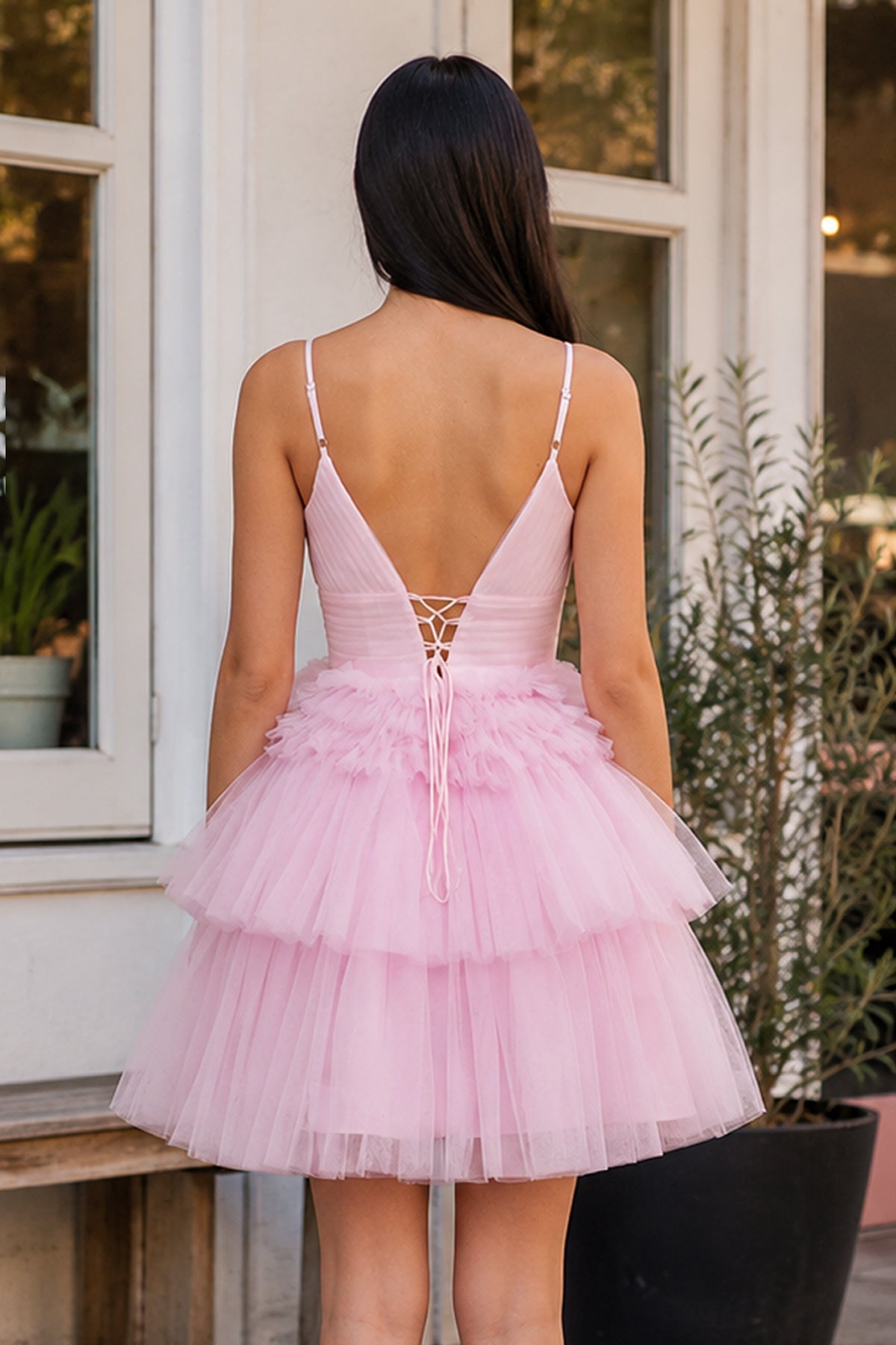 A-Line Deep V Neck Tiered Short Homecoming Dress - Curvevia