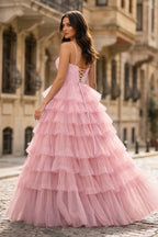 Spaghetti Straps Sweetheart Layered Tulle Formal Prom Dress with Slit - Curvevia