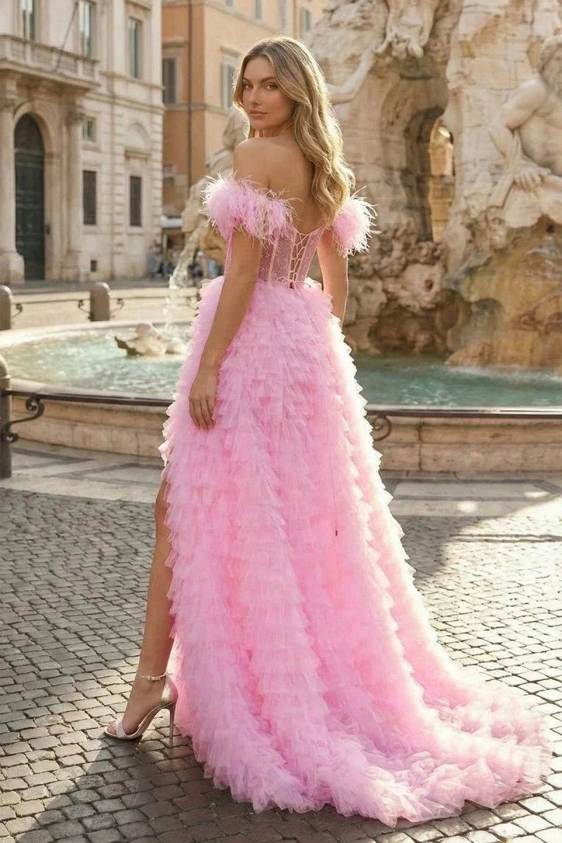 A Line Sweetheart Tiered Tulle Long Prom Dress With Slit - Curvevia