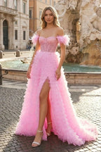 A Line Sweetheart Tiered Tulle Long Prom Dress With Slit - Curvevia