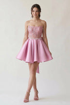 A-Line Pink Lace Off-the-Shoulder Bow-Back Short Wedding Guest Dress - Curvevia
