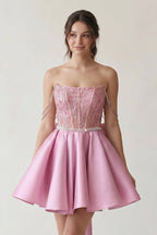 A-Line Pink Lace Off-the-Shoulder Bow-Back Short Wedding Guest Dress - Curvevia