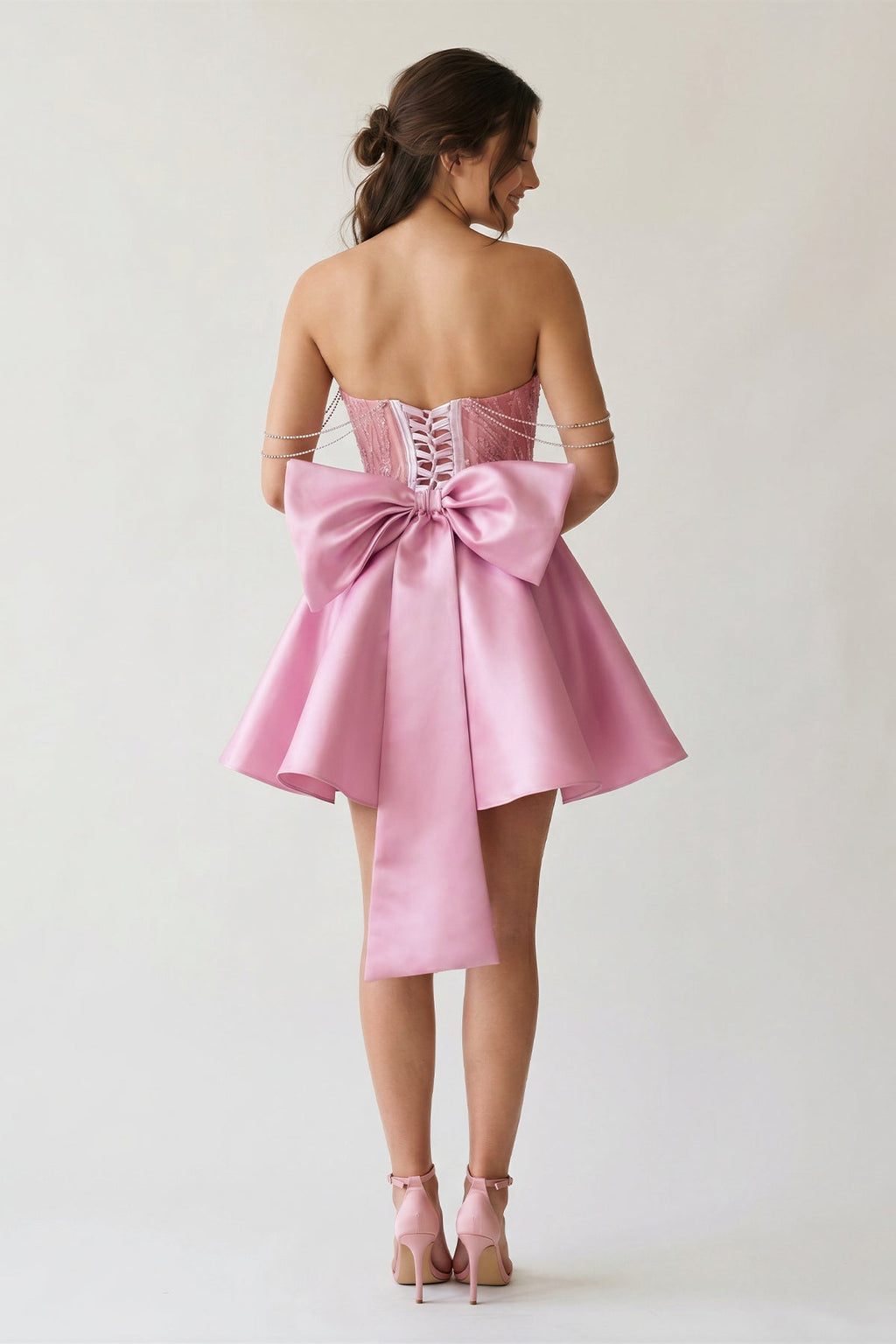 A-Line Pink Lace Off-the-Shoulder Bow-Back Short Wedding Guest Dress - Curvevia