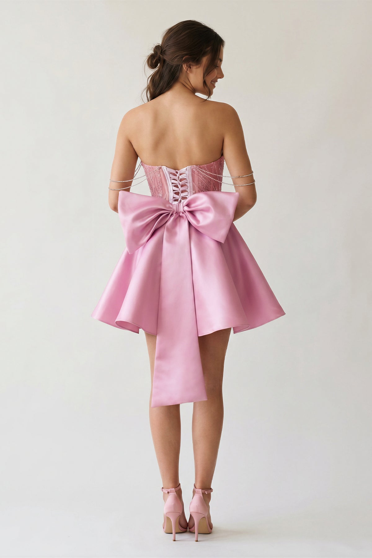 A-Line Pink Lace Off-the-Shoulder Bow-Back Short Wedding Guest Dress - Curvevia