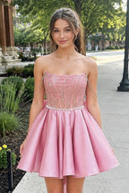A-Line Pink Lace Off-the-Shoulder Bow-Back Short Wedding Guest Dress - Curvevia