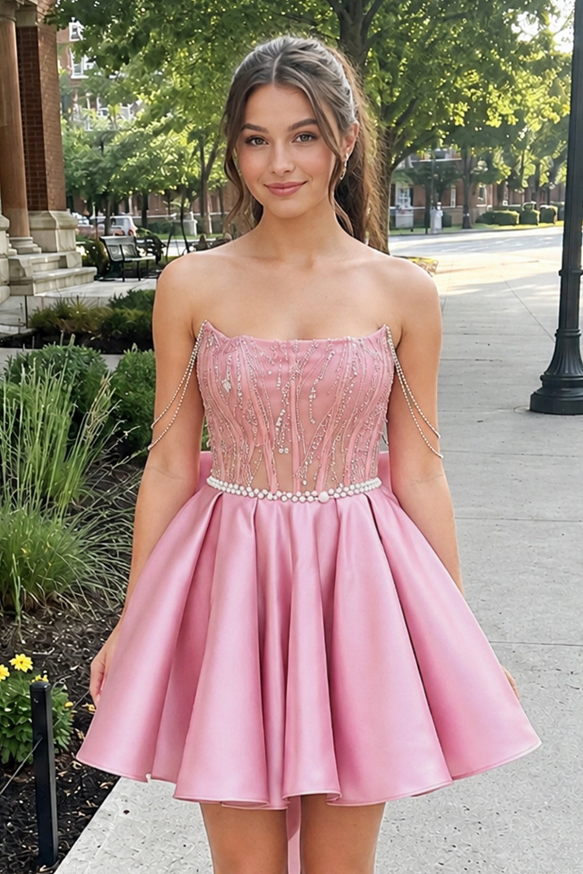 A-Line Pink Lace Off-the-Shoulder Bow-Back Short Wedding Guest Dress - Curvevia