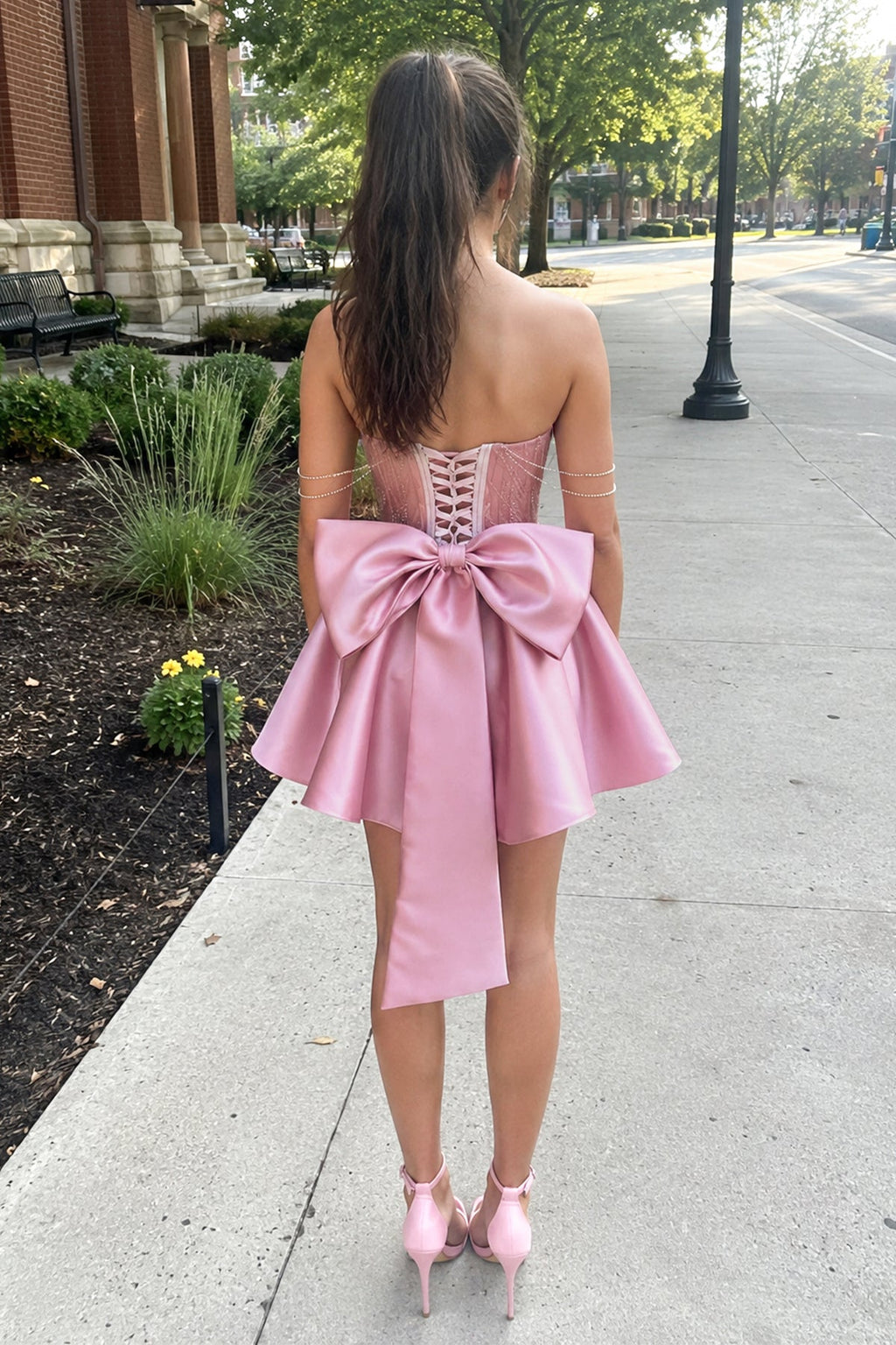 A-Line Pink Lace Off-the-Shoulder Bow-Back Short Wedding Guest Dress - Curvevia