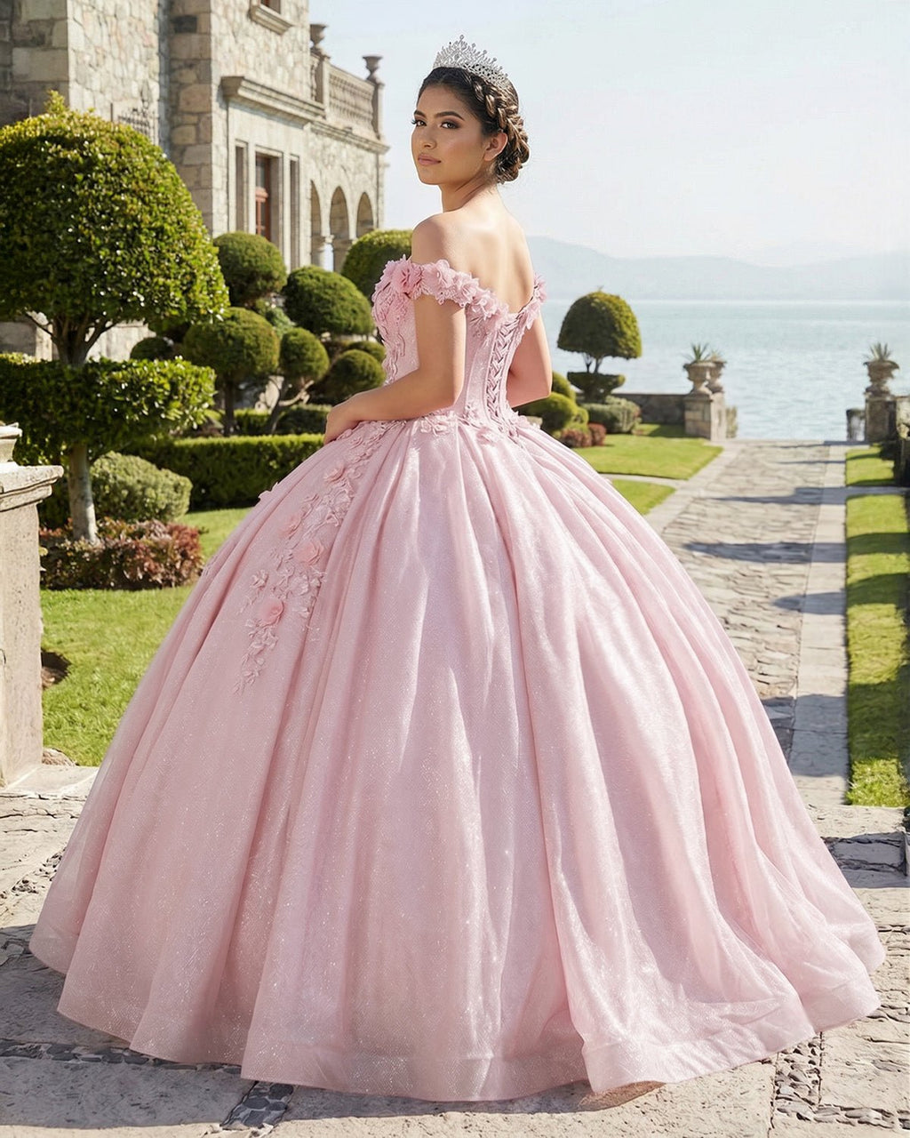 Off the Shoulder Lavender Glitter 3D Floral Quinceanera Dresses - Curvevia