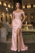 Burgundy Off The Shoulder Mermaid Beaded Satin Long Prom Dresses With Appliques - Curvevia