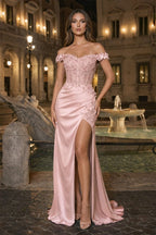 Burgundy Off The Shoulder Mermaid Beaded Satin Long Prom Dresses With Appliques - Curvevia