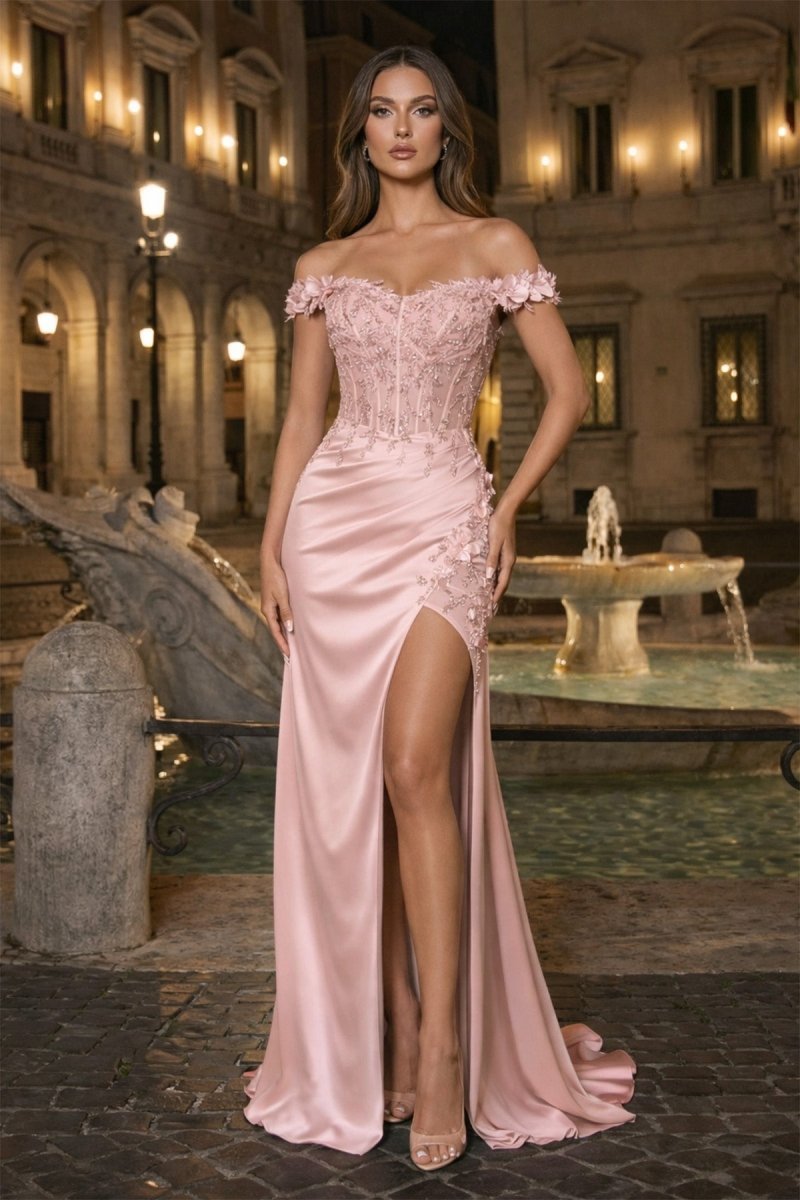 Burgundy Off The Shoulder Mermaid Beaded Satin Long Prom Dresses With Appliques - Curvevia