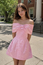 Pink Off The Shoulder Jacquard A Line Wedding Guest Dress With Appliques - Curvevia