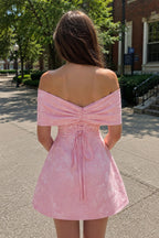 Pink Off The Shoulder Jacquard A Line Wedding Guest Dress With Appliques - Curvevia