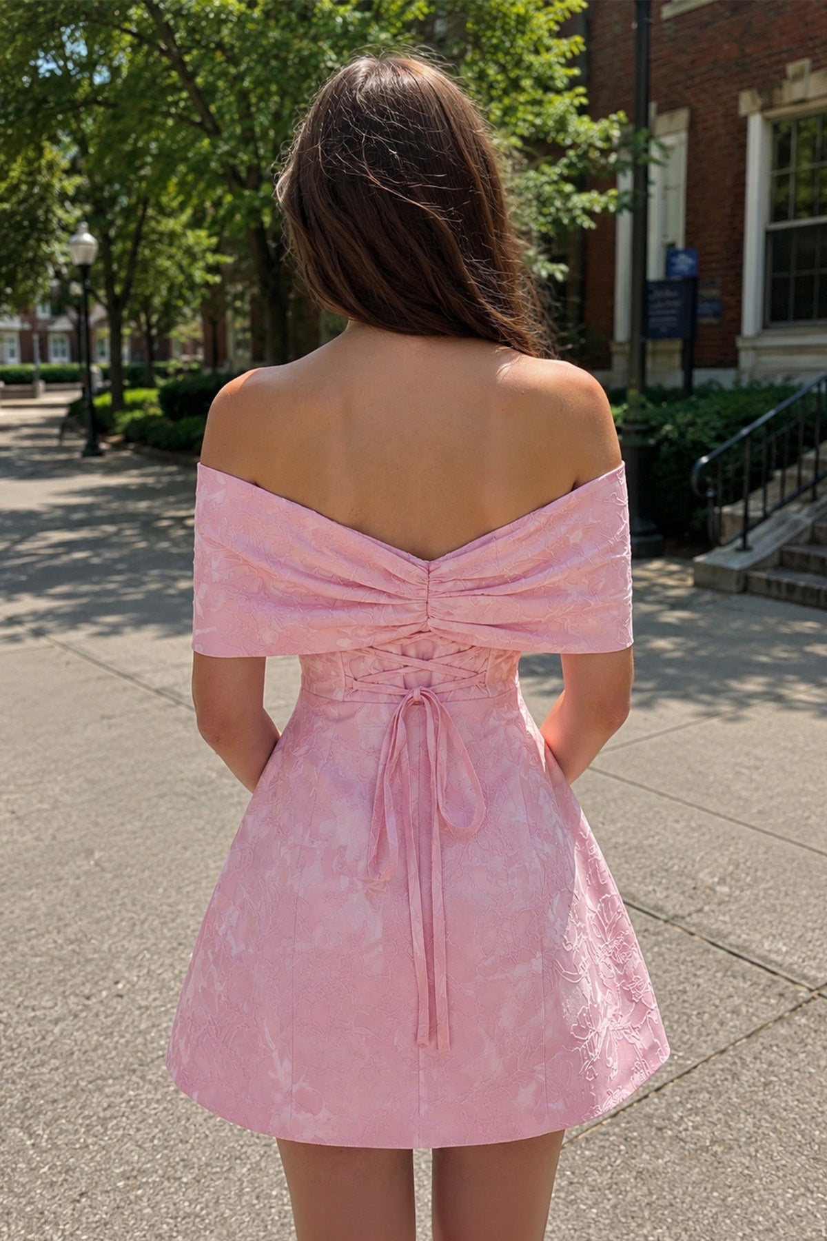 Pink Off The Shoulder Jacquard A Line Wedding Guest Dress With Appliques - Curvevia
