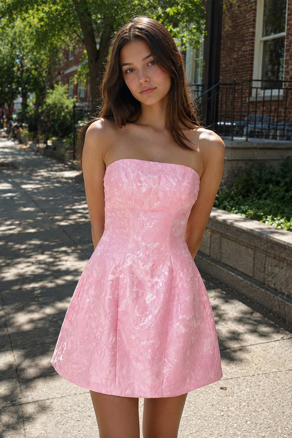 Pink Off The Shoulder Jacquard A Line Wedding Guest Dress With Appliques - Curvevia