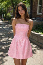 Pink Off The Shoulder Jacquard A Line Wedding Guest Dress With Appliques - Curvevia