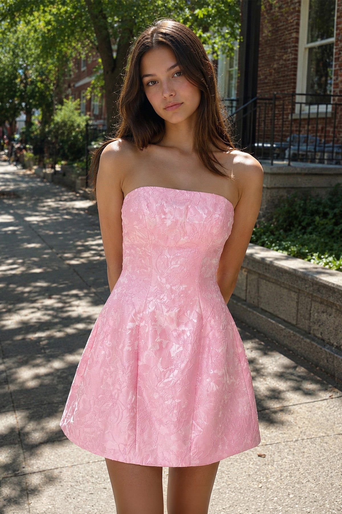 Pink Off The Shoulder Jacquard A Line Wedding Guest Dress With Appliques - Curvevia