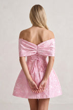 Pink Off The Shoulder Jacquard A Line Wedding Guest Dress With Appliques - Curvevia