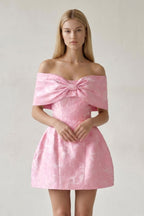 Pink Off The Shoulder Jacquard A Line Wedding Guest Dress With Appliques - Curvevia