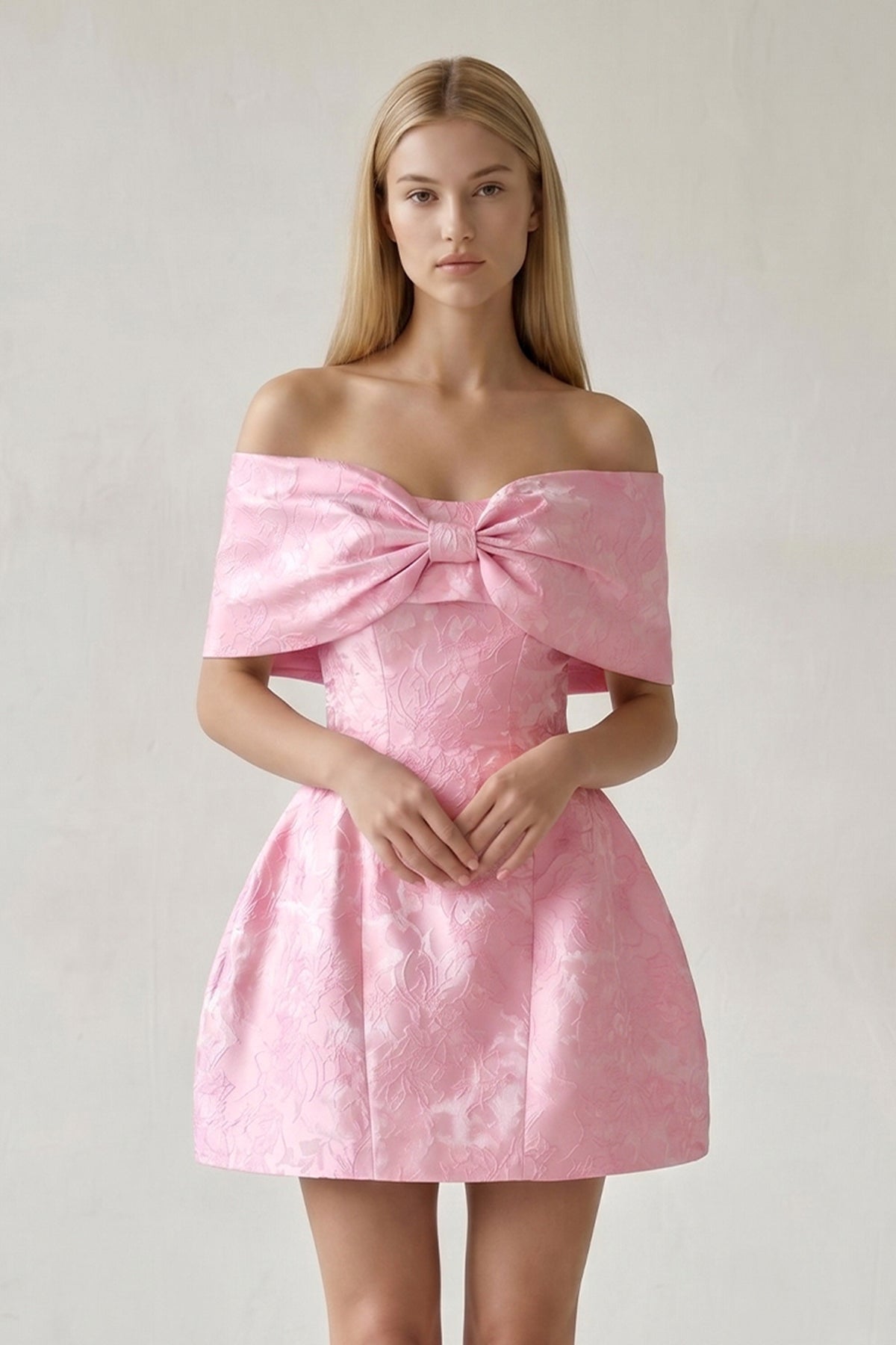 Pink Off The Shoulder Jacquard A Line Wedding Guest Dress With Appliques - Curvevia