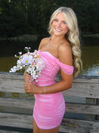 Pink Off The Shoulder Tulle Short Homecoming Dresses - Curvevia