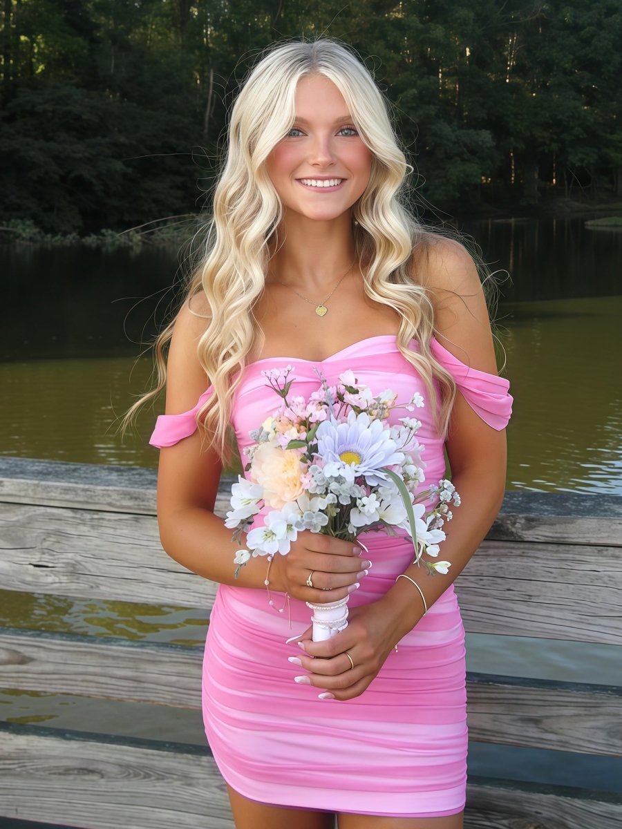Pink Off The Shoulder Tulle Short Homecoming Dresses - Curvevia