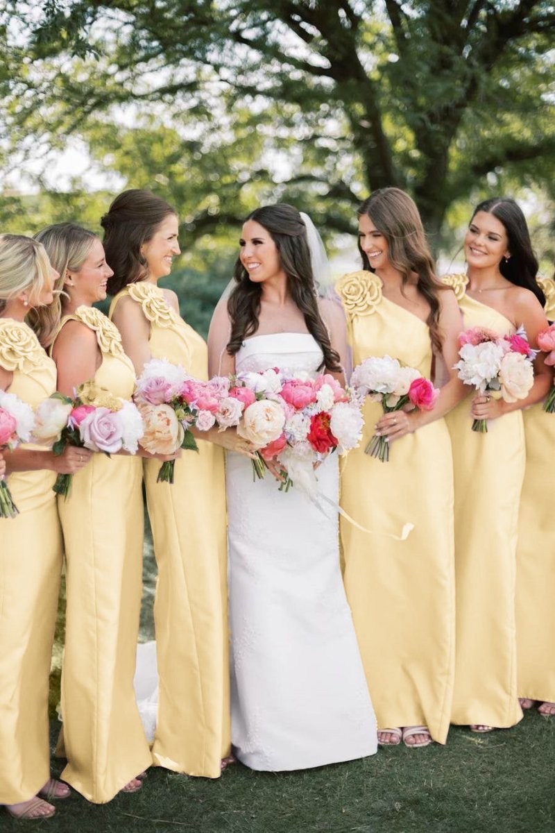Pink One Shoulder Sheath Flower Sleeveless Satin Long Bridesmaid Dress - Curvevia