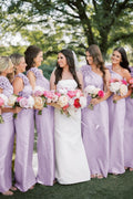 Pink One Shoulder Sheath Flower Sleeveless Satin Long Bridesmaid Dress - Curvevia