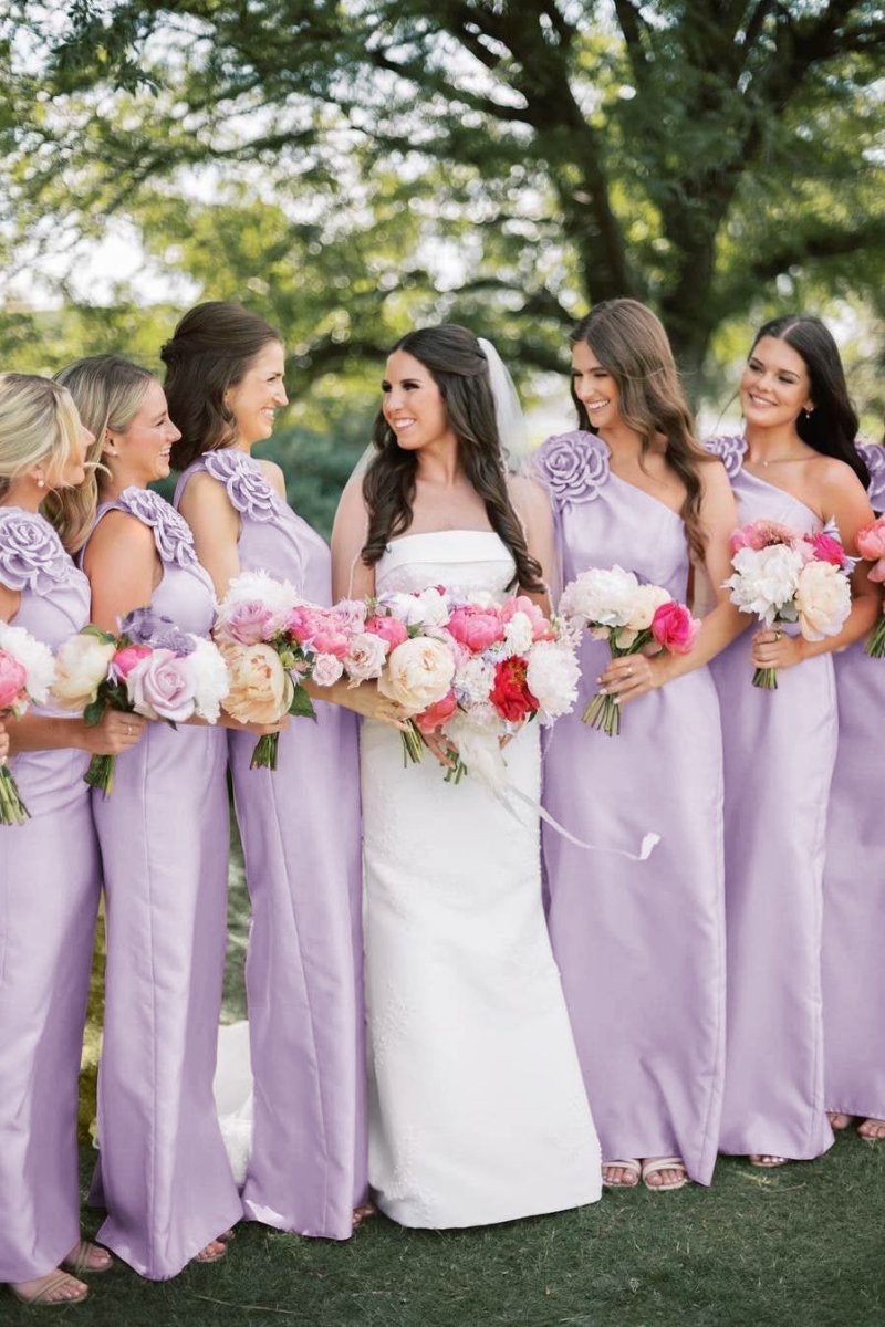 Pink One Shoulder Sheath Flower Sleeveless Satin Long Bridesmaid Dress - Curvevia