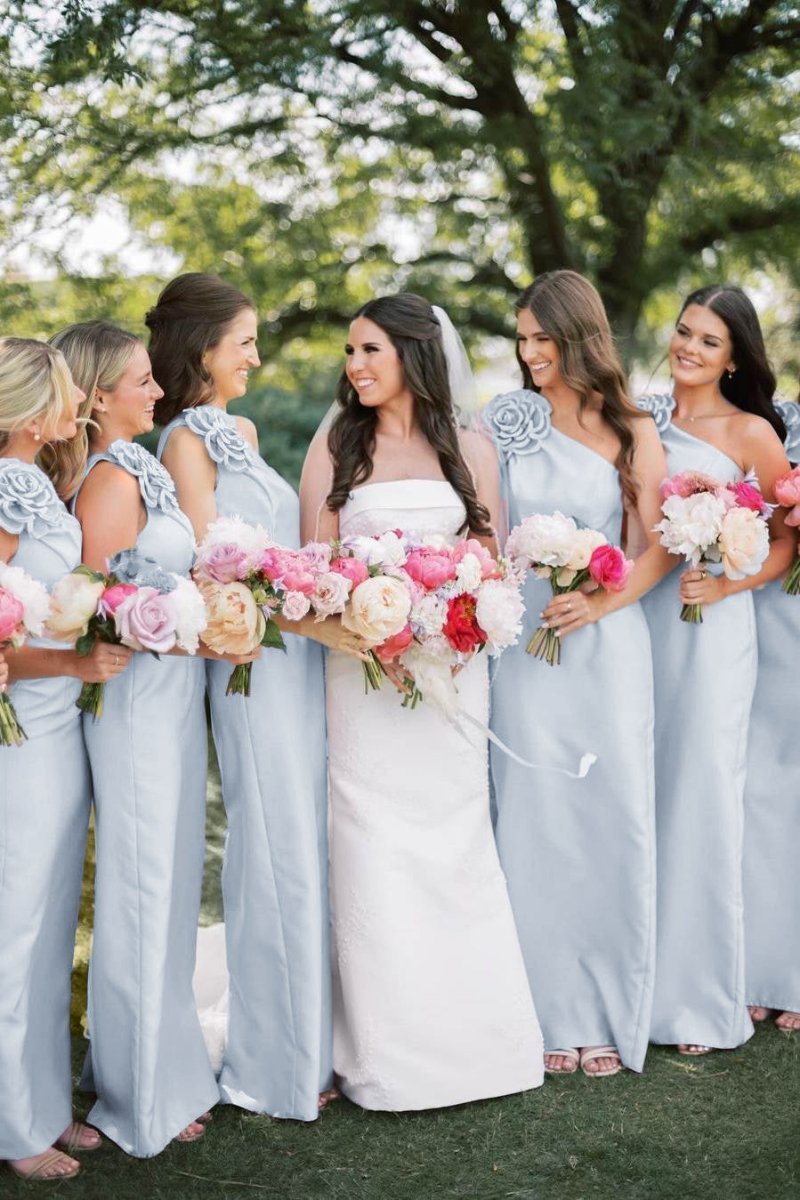 Pink One Shoulder Sheath Flower Sleeveless Satin Long Bridesmaid Dress - Curvevia