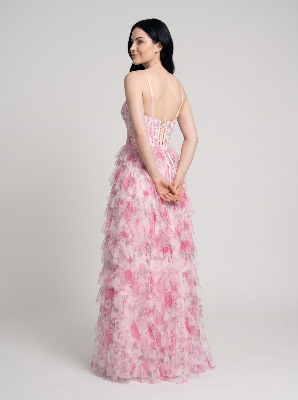 Pink Print Chiffon A-Line Sweetheart Lace-up Floor-Length Dress with Ruffled Tiered Skirt - Curvevia