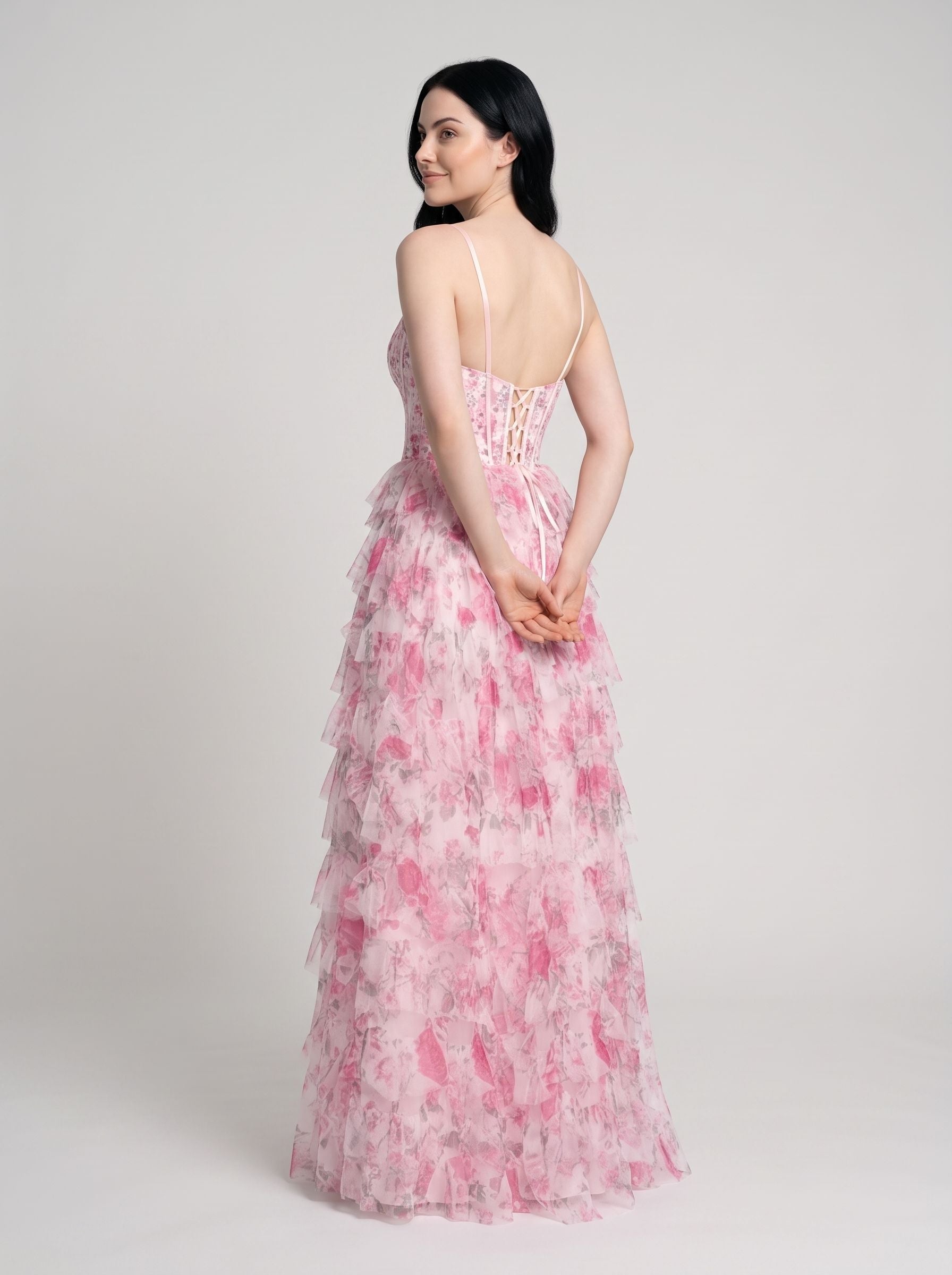 Pink Print Chiffon A-Line Sweetheart Lace-up Floor-Length Dress with Ruffled Tiered Skirt - Curvevia