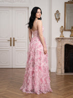 Pink Print Chiffon A-Line Sweetheart Lace-up Floor-Length Dress with Ruffled Tiered Skirt - Curvevia