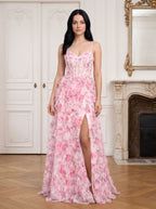 Pink Print Chiffon A-Line Sweetheart Lace-up Floor-Length Dress with Ruffled Tiered Skirt - Curvevia