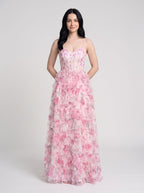 Pink Print Chiffon A-Line Sweetheart Lace-up Floor-Length Dress with Ruffled Tiered Skirt - Curvevia