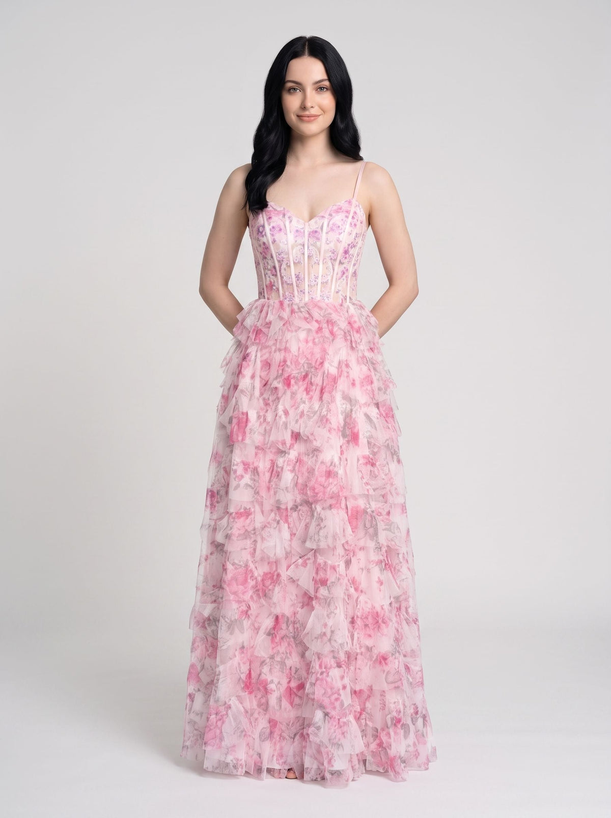 Pink Print Chiffon A-Line Sweetheart Lace-up Floor-Length Dress with Ruffled Tiered Skirt - Curvevia