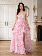 Pink Print Chiffon A-Line Sweetheart Lace-up Floor-Length Dress with Ruffled Tiered Skirt - Curvevia