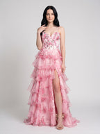 Pink Print Chiffon A-Line Sweetheart Lace-up Floor-Length Dress with Slit - Curvevia