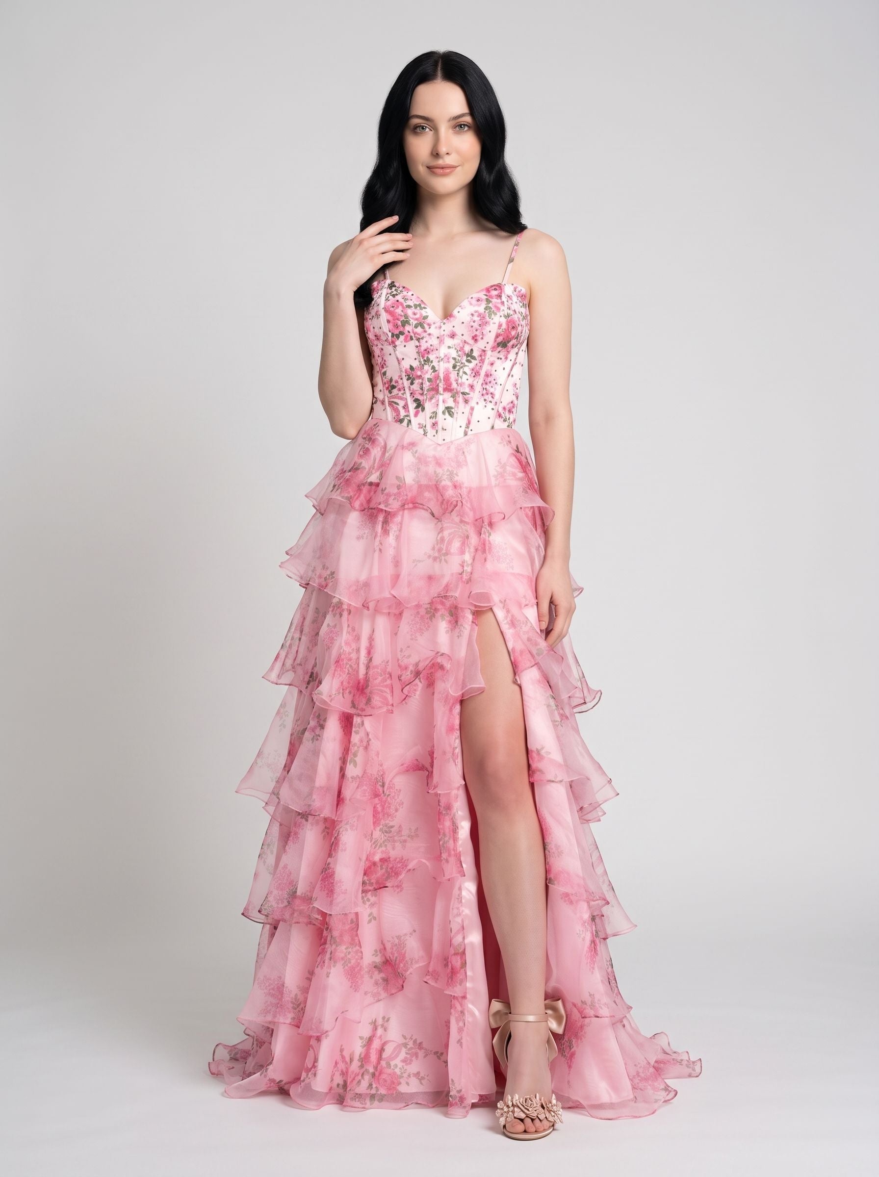 Pink Print Chiffon A-Line Sweetheart Lace-up Floor-Length Dress with Slit - Curvevia