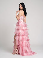 Pink Print Chiffon A-Line Sweetheart Lace-up Floor-Length Dress with Slit - Curvevia