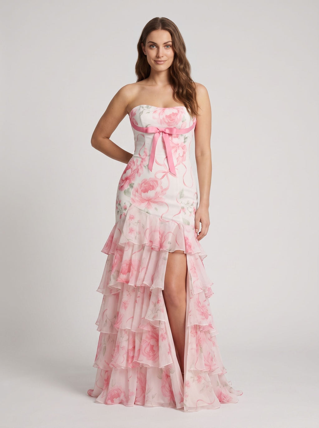 Pink Print Satin Mermaid Sweetheart Back Zip Floor-Length Dress with Ruffled Tiered Skirt - Curvevia