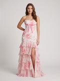 Pink Print Satin Mermaid Sweetheart Back Zip Floor-Length Dress with Ruffled Tiered Skirt - Curvevia